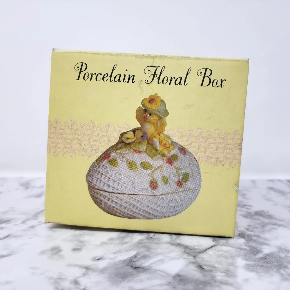 Decorative Egg with Yellow Chick and Flowers Trinket Box